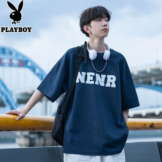 Playboy short-sleeved T-shirt men's teenager summer pure cotton heavy loose half-sleeved clothes American fashion brand trendy T-shirt 9201 white M