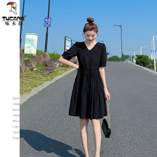 Woodpecker Small Dress Summer Women's 2025 New Age Reducing Temperament French Waist Slimming Skirt Women's Clothing Summer Black M [Suggested 100-115Jin [Jin equals 0.5 kg]]
