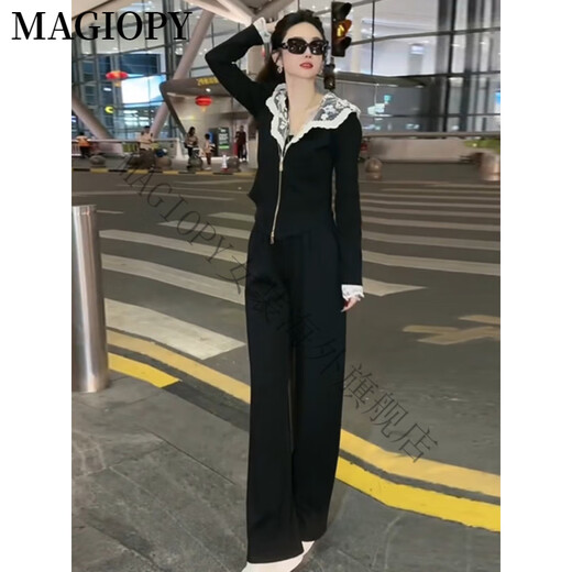 Magiopy International Luxus High-End-Marke Design Sinn Korean Casual Fashion Anzug für Frauen Frühling Spitze Spitze schwarzer Jacke schwarze zweiteilige Sets S (100jin [Jin Equals Equals 0,5 kg]))