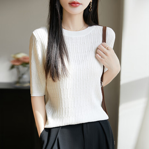 黎依奴（LISLAVE）天丝开衫短袖T恤女夏季2025新款打底衫洋气百搭气质凉感针织上衣 奶白色 JXYZRFG-5012 M