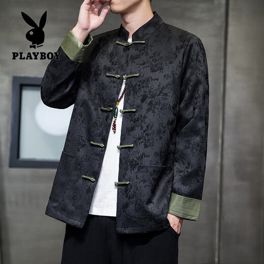 花花公子（PLAYBOY）新中式唐装男中国风秋冬季长袖夹克复古盘扣汉服宽松大码男士外套 Y756黑色 M 100-120斤