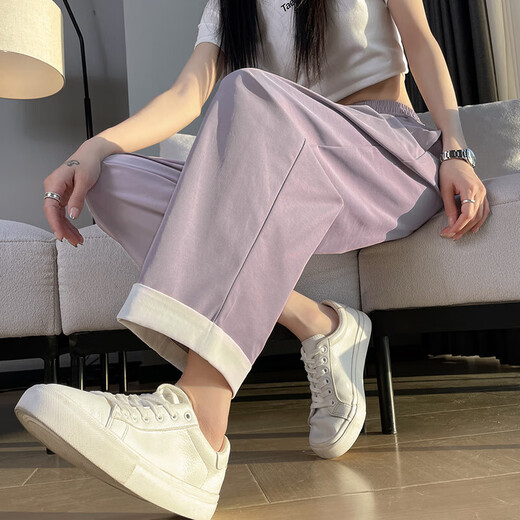 Pantalones harén de seda de hielo de color morado claro para mujer, novedad de verano 2025, pantalones finos de seda de hielo, pantalones rectos informales ajustados de talla grande, caqui, ocho puntos, talla XL recomendada 120-130 Jin Jin es igual a 0,5 kg