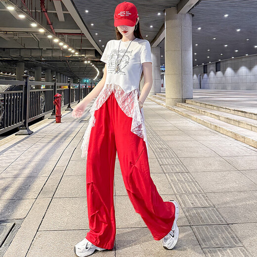 勤度爵士舞服装女套装夏季薄款曳步舞上衣蕾丝拼接跳广场舞休闲束脚裤 白色裤子6627 M [80-105斤]