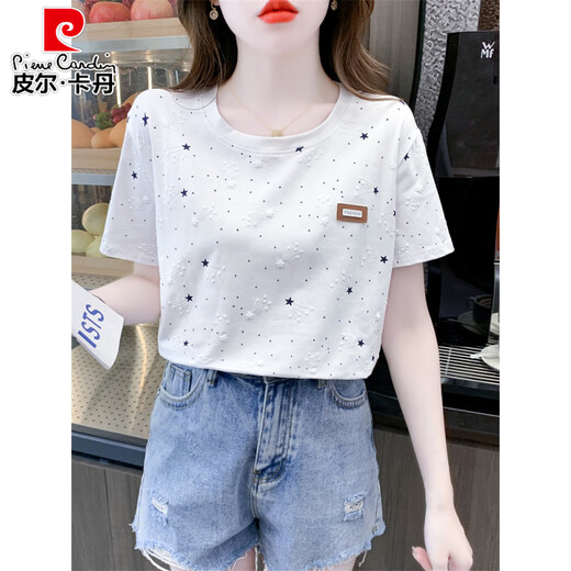 Pier Cardin Algodón puro Camiseta de manga corta para algodón de algodón para femeninos 2025 Nuevo diseño de cubierta de vientre suelta Tendencia de camiseta versátil Top 1396 Azul Meteor + 310 Red Love M Adecuado para 100-109Jin [Jin equivale a 0.5 kg]