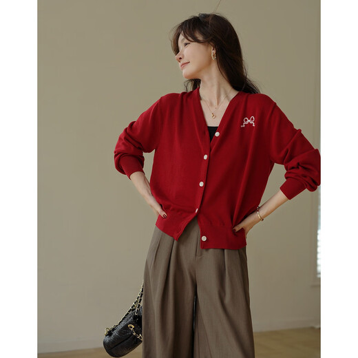 Mt high-intellectual atmosphere spring and autumn simple style embroidered V-neck cardigan soft waxy wool sweater women's top