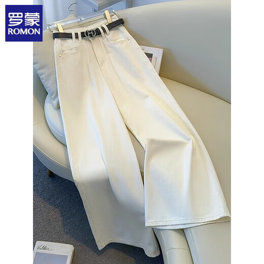ROMON light color wide-leg floor pants for women 2025 new summer thin pear-shaped meat-covering casual pants drooping soft jeans 80069# white (without belt) XL