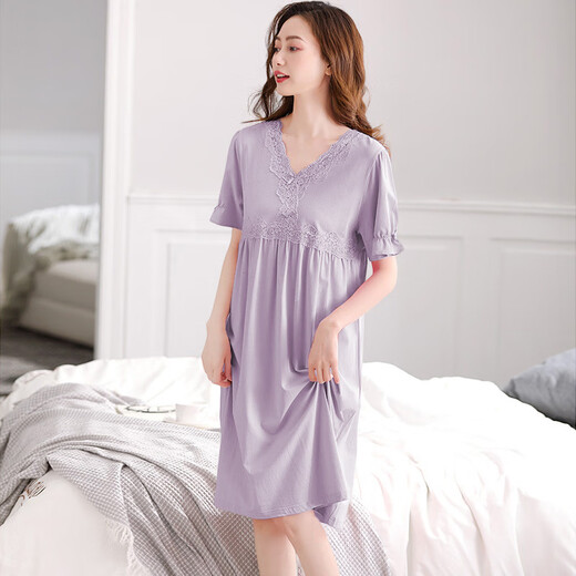 
Langsha nightgown for women's summer modal short-sleeved pajamas can be worn outside for 2025 new thin summer loose dress M686 Violet 2XL 140-160Jin [Jin equals 0.5 kg]