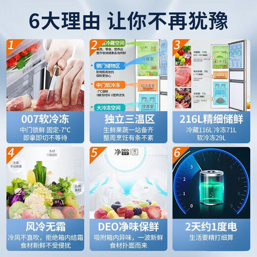 Haier refrigerator 216 liter three-door ultra-thin small household energy-saving air-cooled, odor-free and fresh-keeping three-door small refrigerator 216 liter three-door air-cooled frost-free DEO odor purification system