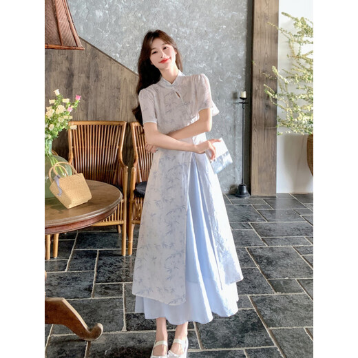 Yi Qilei [1105 Personen sammeln] Hellblau National Style Printed Dress Anzug für Sommer Frauen 2025 Neue Chinesische Version VISERUNG ZWEI SET M empfohlen, 91-105jin zu tragen [Jin ist 0,5 kg]
