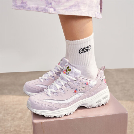 Skechers small white shoes, thick-soled dad shoes, exquisite embroidered flowers, breathable and fashionable female panda official flagship genuine product, lavender color 11977-LAV 35.5