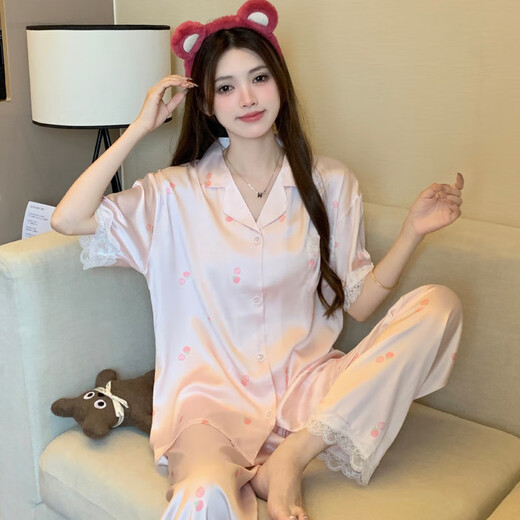 维多利亚的格调冰丝睡衣女可爱风小熊夏季新款感卡通短袖长裤家居服 套YFY9905# M 【建议80-100斤】