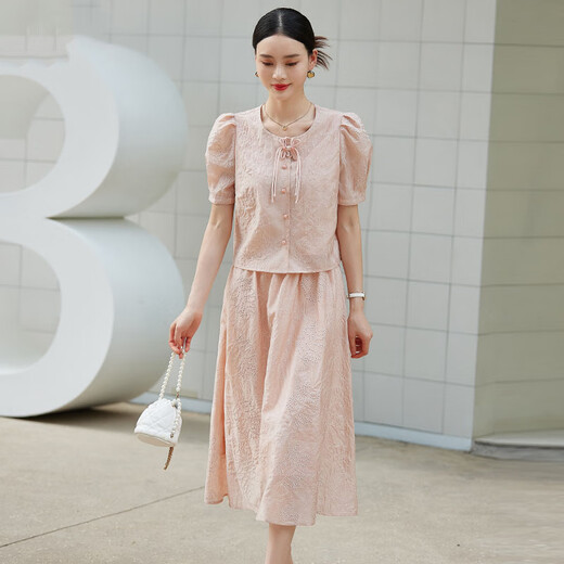 
Ehangy light luxury brand dress for women 2025 summer new high-end fashion slim embroidery two-piece skirt champagne powder (two-piece set) XL