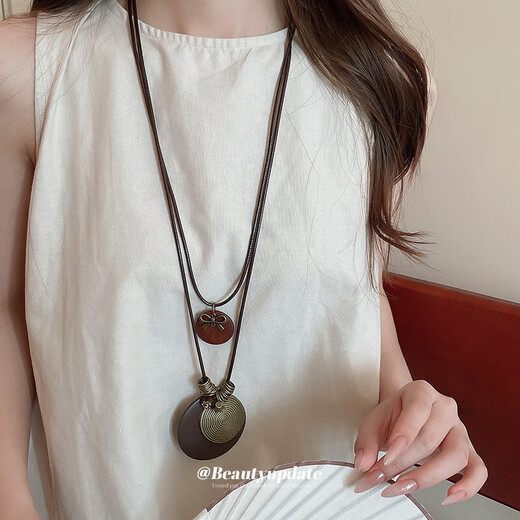 Medieval style artificial wood geometric pendant necklace bohemian style clavicle chain retro personality jewelry for women Necklace - gold - coffee color