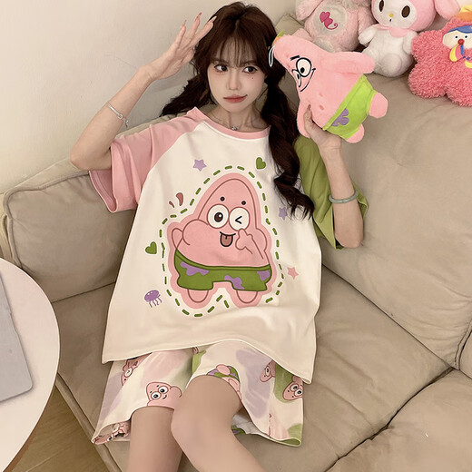 Junjunsui dimei kurzärmeligte pyjamas für Frauen im Sommer reines Baumwollshorts Anzug Anzug Cartoon Teenager Großgröße Fett MM Student Student Home Clothes Short-4001 M [Empfohlen 80-100jin [Jin gleich 0,5 kg]]]