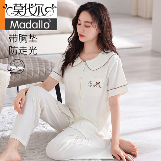 Modal summer pajamas for women with chest pads 2025 new short-sleeved thin cotton integrated suit for wearing trousers home clothes 693 tender green with chest pad pull-up cotton cardigan lapel M (155-160): Suitable for 90-110Jin [Jin equals 0.5 kg]