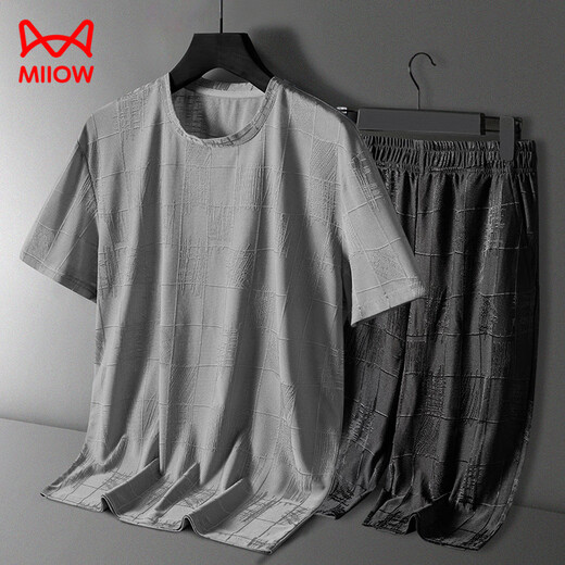 Catman (Miiow) 2025 Neue Pyjamas-Sommermodal-Ice-Seiden-Kurzärmel-Hosen Herren-Outfits können zu Hause Kleidung tragen 9906 Graublau [Kurzärärmel + Shorts] Set XL [105-120jin [Jin gleich 0,5 kg]]