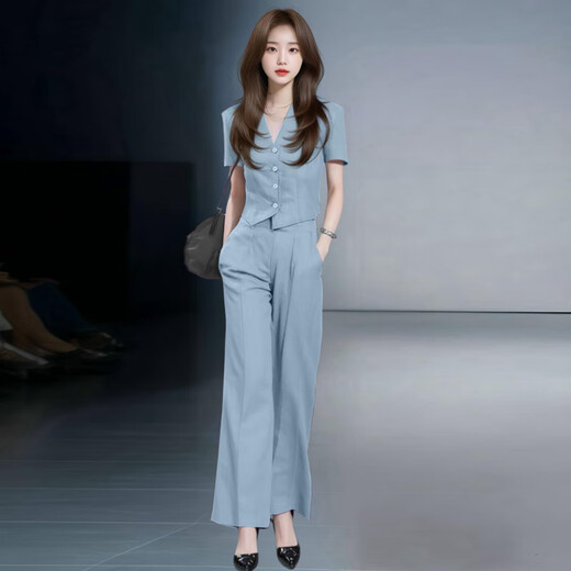 忻依美时尚气质西装套装女2025夏季新款洋气显瘦V领上衣阔腿裤两件套 粉色【短袖长裤】 M 【体重101-110斤】