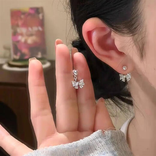 FVIP Old Phoenix 999 sterling silver pure silver hanging zircon bow exquisite simple sweet versatile earrings earrings rear hanging zircon bow earrings a pair