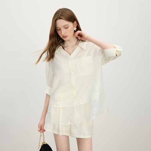 Fan Silan Bamboo Fiber Lace Spliced ​​Shirt Shorts Two-piece Set Women's Summer 2025 New All-match Set 2685/2540 Shorts M