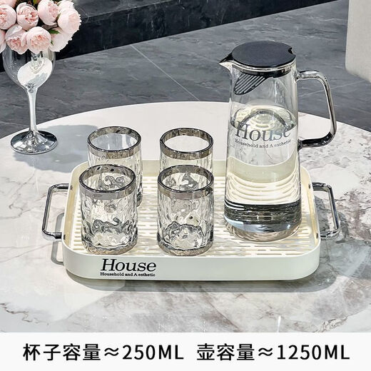 GUIG light luxury cold kettle household water utensil set living room high borosilicate glass cold kettle cup high temperature resistance large capacity light luxury silver-plated water ripple cup - four pieces