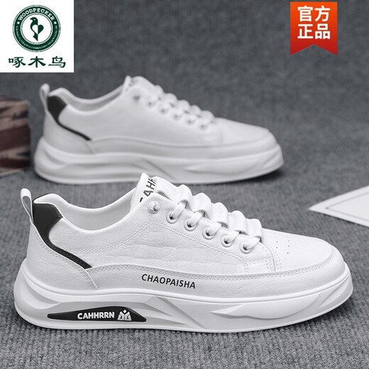
Woodpecker men's shoes 2025 spring and summer breathable versatile casual casual high-rise shoes leather shoes feel level-like white shoes 7372 black flat sole 40