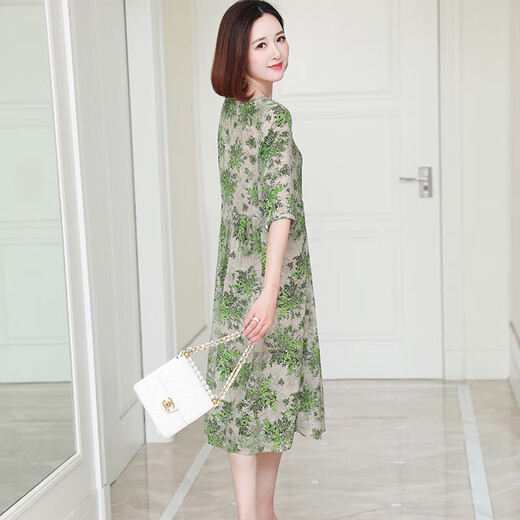 OLJ High-End-Marke Seidenkleid für Frauen 2025 Sommer Neuer Modependler Blumenrunde Hals Maulbeer-Seidenrock Grün L.