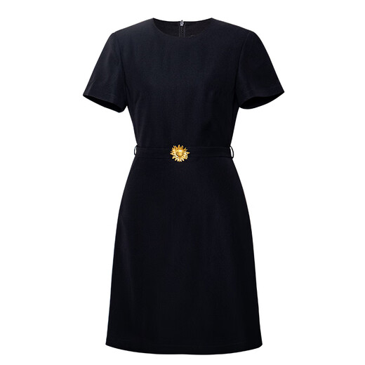 
ROEYSHOUSE roe style fashionable blue blue round neck dress for women 2025 summer new style commuter lace-up A-line skirt 12162 black L