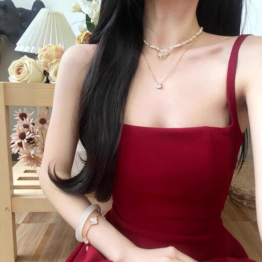 
Mu Ni red suspender dress Women's summer French U-neck waist dress skirt engagement clothes toast clothes to look slim red skirt Red long skirt [burgundy] M size