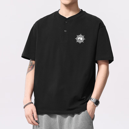 OLJ International Luxury Brand Short Sleeve T-shirt Men's Loose Embroidery Summer 2025 New Micro Loose American Casual Henry Collar White XL