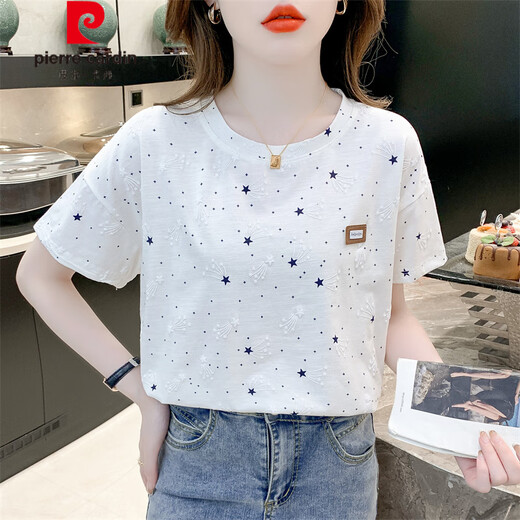 皮尔卡丹（pierre cardin）纯棉印花t恤女短袖夏装2025年新款宽松印花设计感百搭t恤上衣潮 1396#白色 M 适合100-109斤