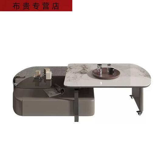 三栖虎岩板茶几现代简约客厅家用茶几小户型旋转意式岩板茶几电视柜 14070鱼肚白旋转茶几100真岩板