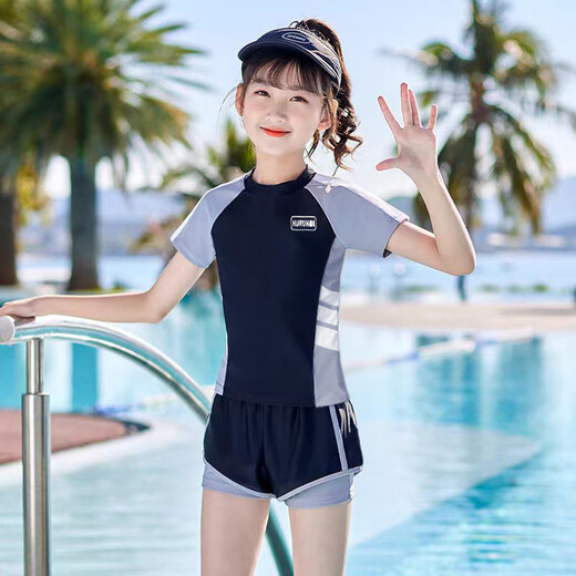 
Disney (Disney) children's swimsuits for women sweet split girls middle-aged and middle-aged children junior high school girls conservative training swimsuit set 9858 black and gray double-layer pants set 130 (50-60Jin [Jin equals 0.5 kg])