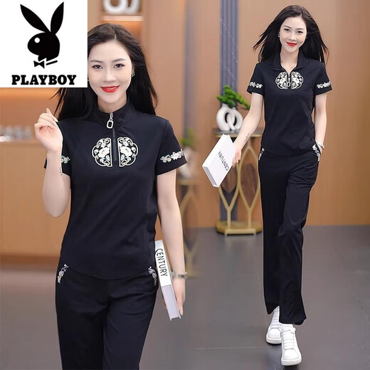 Playboy (PLAYBOY) new Chinese casual sports suit for women 2025 summer new fashionable age-reducing slimming short-sleeved straight-leg pants two-piece set apricot color [top + pants] good quality two-piece set - 2XL [recommended 125-140Jin [Jin equals 0.5 kg]]