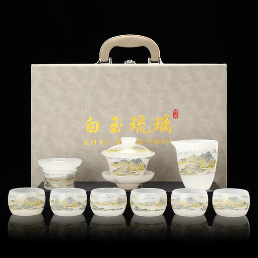 Beautiful and high-quality white jade glazed tea set Chinese style household jade porcelain Qianli Jiangshan light luxury Kung Fu tea set teapot one pot four cups Qianli Jiangshan covered bowl tea set white