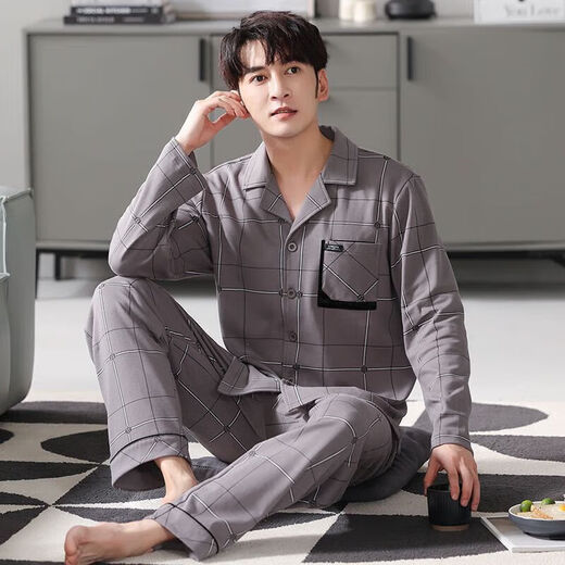 
Hailan Home's autumn men's pajamas pure cotton long-sleeved youth middle-aged and elderly spring and autumn style plus fat large size home clothing set M8 M9905 (Quick Ski pure cotton) 4XL (recommended 195-215Jin [Jin equals 0.5 kg])