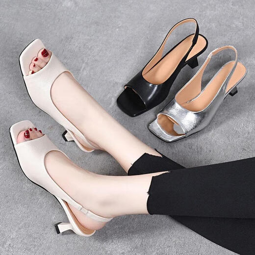 KIDS Red Dragonfly Summer New Mid-heel Square-toe Open-toe Sandals for Women Simple Little Heeled Fish Mouth Shoes Versatile Fashion Trendy Bee White 35