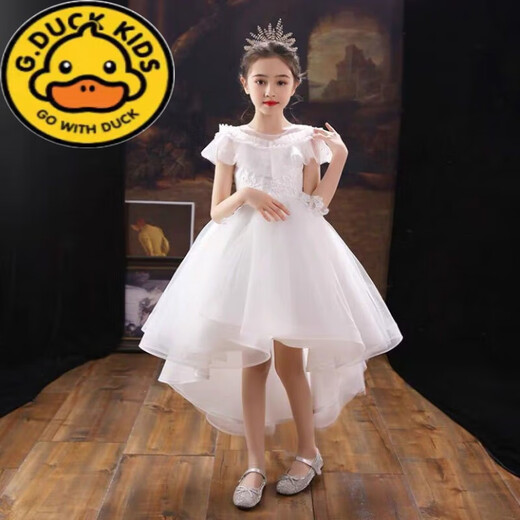 G.duck vestido para niños vestido de princesa vestido de novia de niña de las flores de primavera y verano actuación de piano falda tutú de niña de estilo extranjero vestido de niña blanca suscripción larga corona gratuita 150 cm
