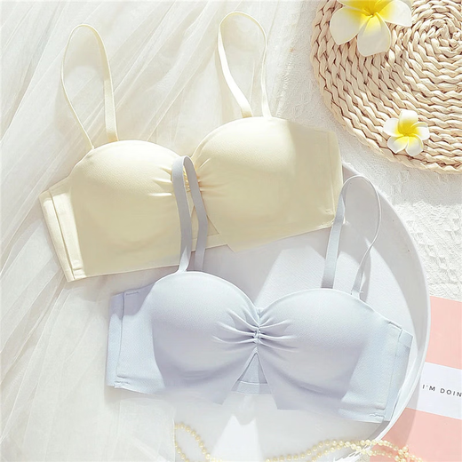 Ropa interior de dos puestos sin deslizamiento sin correa para mujeres con una pequeña reunión de pecho sin anillo y sujetador de verano antihorada antihorada, sujetador trasero sin marca, champán blanco + tono de piel rosa Valor 2 paquetes 85A 38B