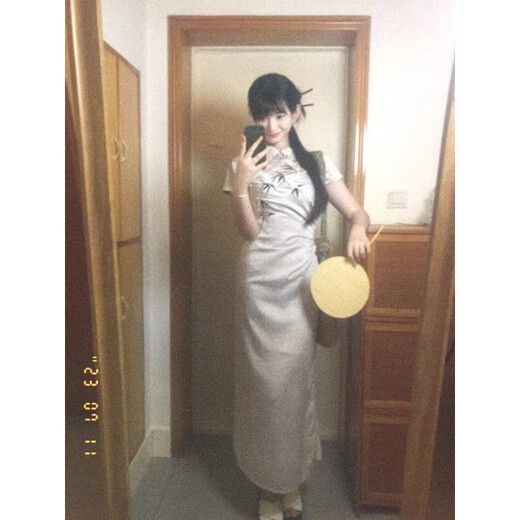 Zhenxiqi New Chinese Bamboo Cheongsam Skirt Stand Collar Slim Fashionable Waist Mid-Length Jacquard Improved Young Style Daily Wear Light Gray L