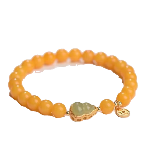 Fat Donglai's same style beeswax bracelet, beeswax bracelet, female old honey chicken oil yellow Hetian jade gourd, Hetian jade Fulu bracelet 8mm single circle bracelet