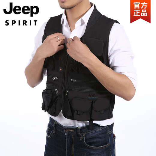 JEEP SPIRIT Workwear Vest Men's Outdoor Sports Most Pockets Photography Fishing Overalls Tactical Running Tools Vest Black 4XL