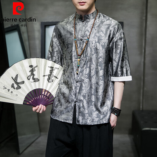 皮尔卡丹（pierre cardin）冰丝唐装中国风夏季薄款短袖衬衫男复古宽松汉服大码五分袖衬衣服 A686黄色 XL 135-150斤