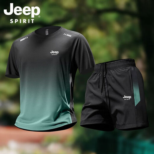 
JEEP SPIRIT high-end sports suit men's quick drying clothes short-sleeved T-shirt summer badminton ice silk training shorts fitness suit 9901 black and gray suit [quick drying] M