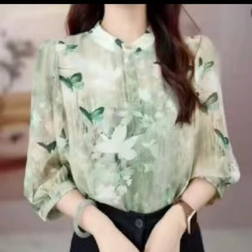 NJSKAKW春夏季新款洋气印花立领长袖上衣女H气质妈妈装休闲减龄显瘦小衫 693淡黄色(美丽来) S(建议80-105斤) 均码