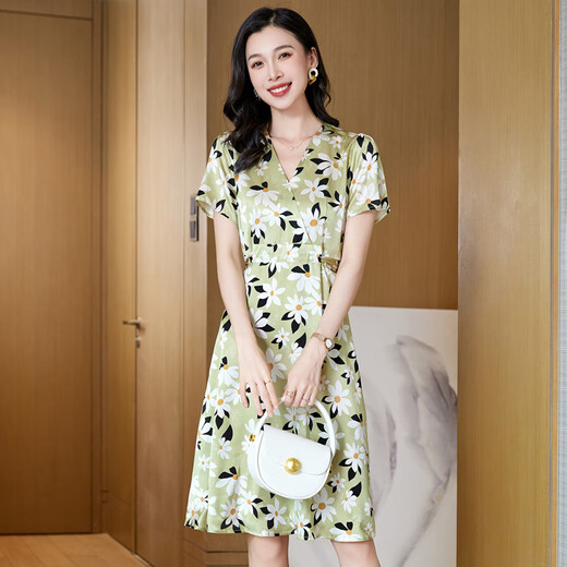 Ehangy国际高端轻奢连衣裙女装夏季2025新款收腰显瘦印花舒适桑蚕丝裙子 粉红色【高端礼盒】 L