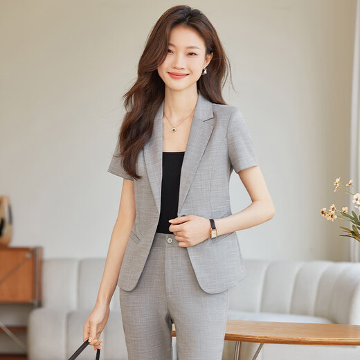 FHHUABD灰色短袖西装外套女2025夏季新款正式场合职业装短款时尚西服套装 9928灰色西装 S