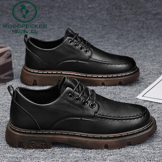 Woodpecker men's shoes autumn British business formal wear men's casual leather shoes black work groom gets married taller big head trendy shoes 9903 black 39