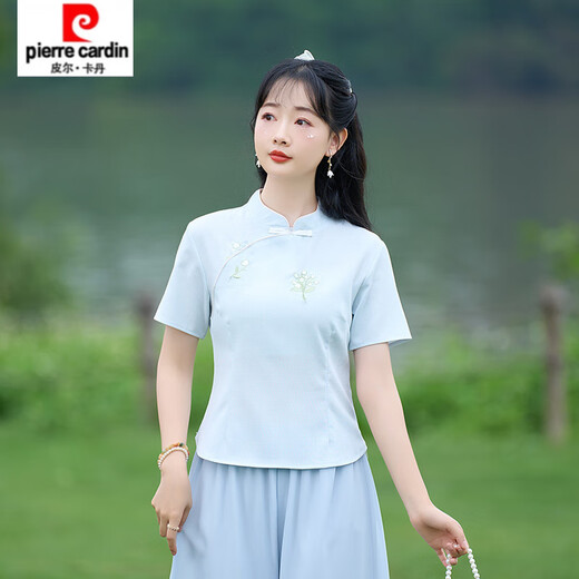 皮尔卡丹（pierre cardin）2025新款复古中式立领汉服棉麻大码显瘦衬衫盘扣上衣+阔腿裤两件 897白色上衣 M 85-95