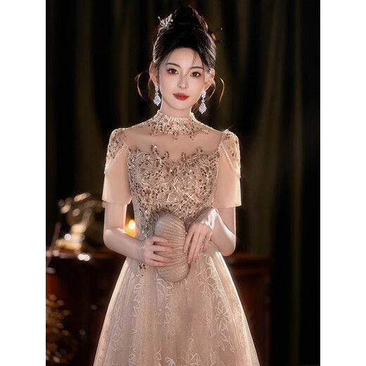 Pierre Cardin High-end Dress for Women 2025 New Light Luxury Niche Student Day Adult Ceremony Art Exam Host Small Style Champagne Gold M