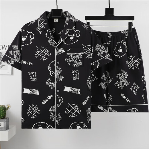 
He Jiagong summer short-sleeved thin imitation cotton pajamas men's home clothing suit summer cartoon print Korean version handsome young man 3271 short-sleeved suit M (70-100Jin [Jin equals 0.5 kg])